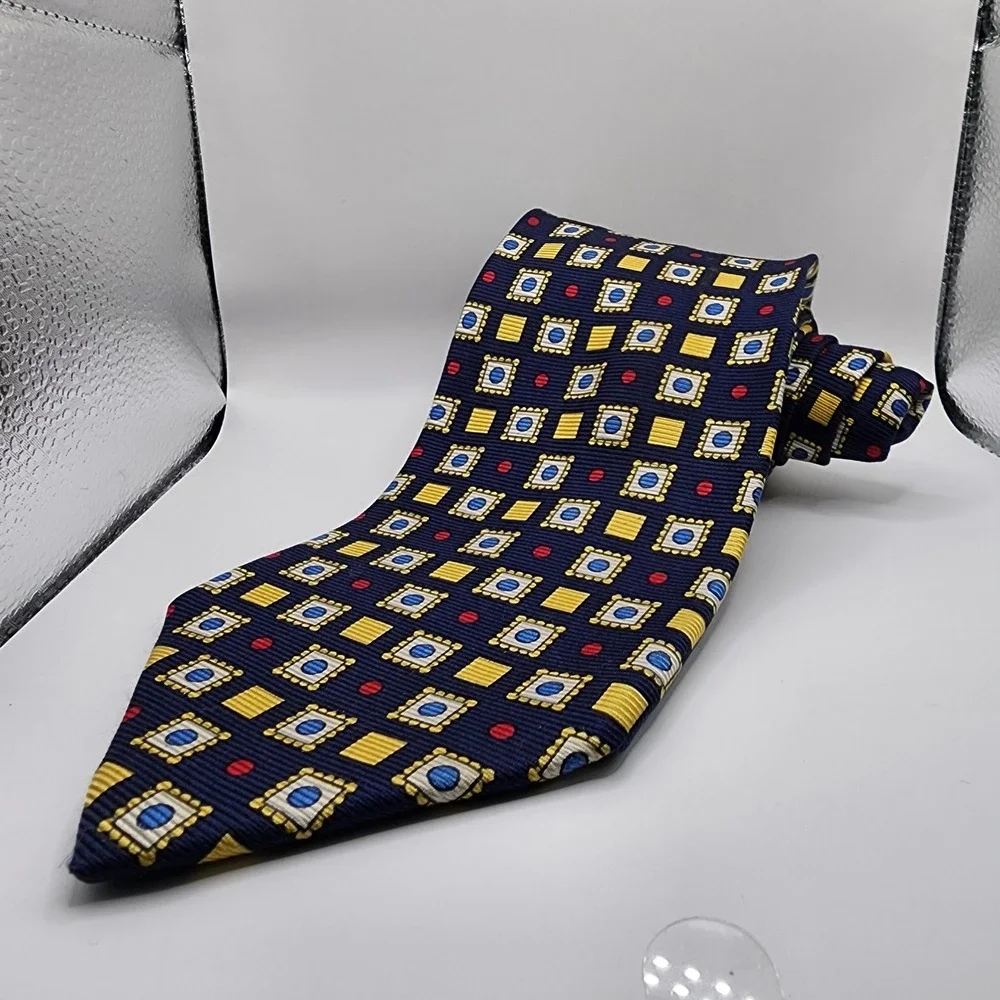 Hugo Boss Silk Tie Mens Blue Geometric Pattern Made Italy Formal Dress Necktie‎